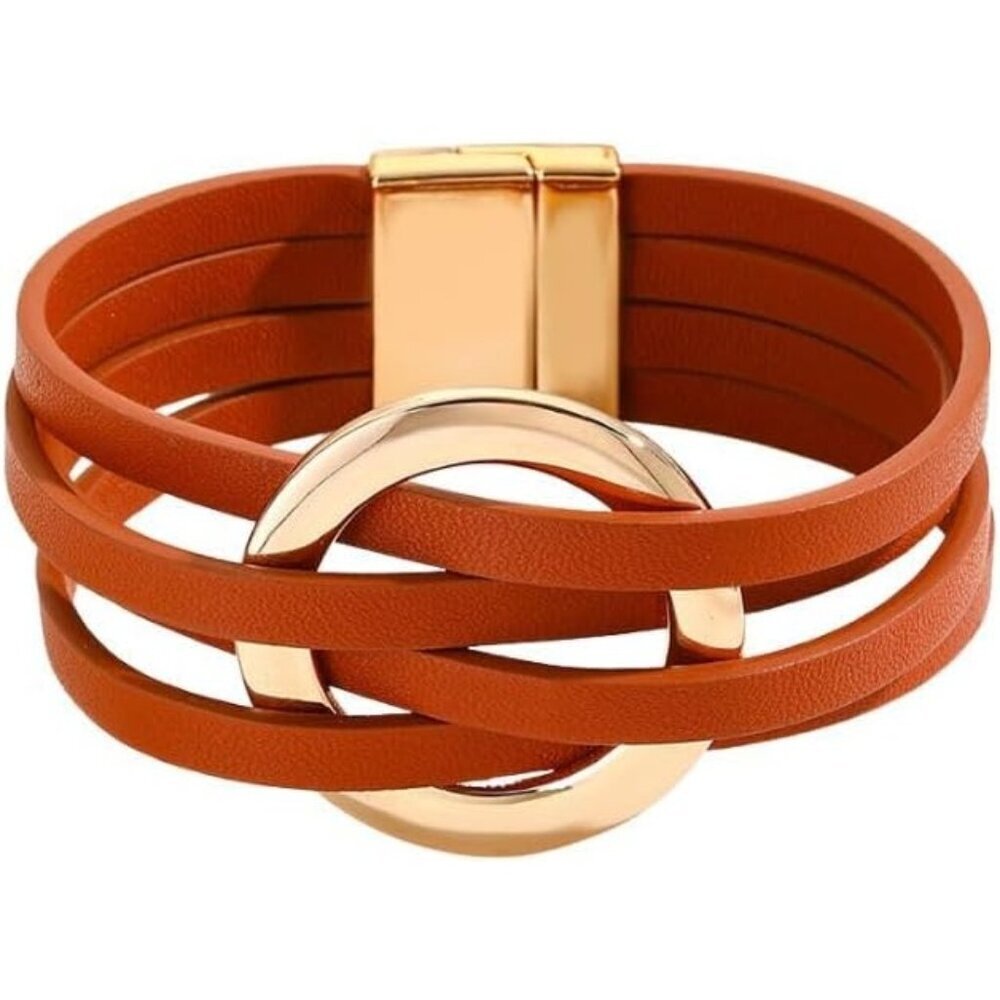 Orange Charm Leather Wrap Strand Boho Bracelet Handmade Cuff Bracelets for Women